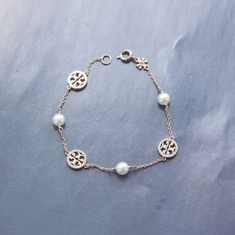Tory Burch Rose Gold Faux Pearl Full Diamond Mix Round Double Bracelet